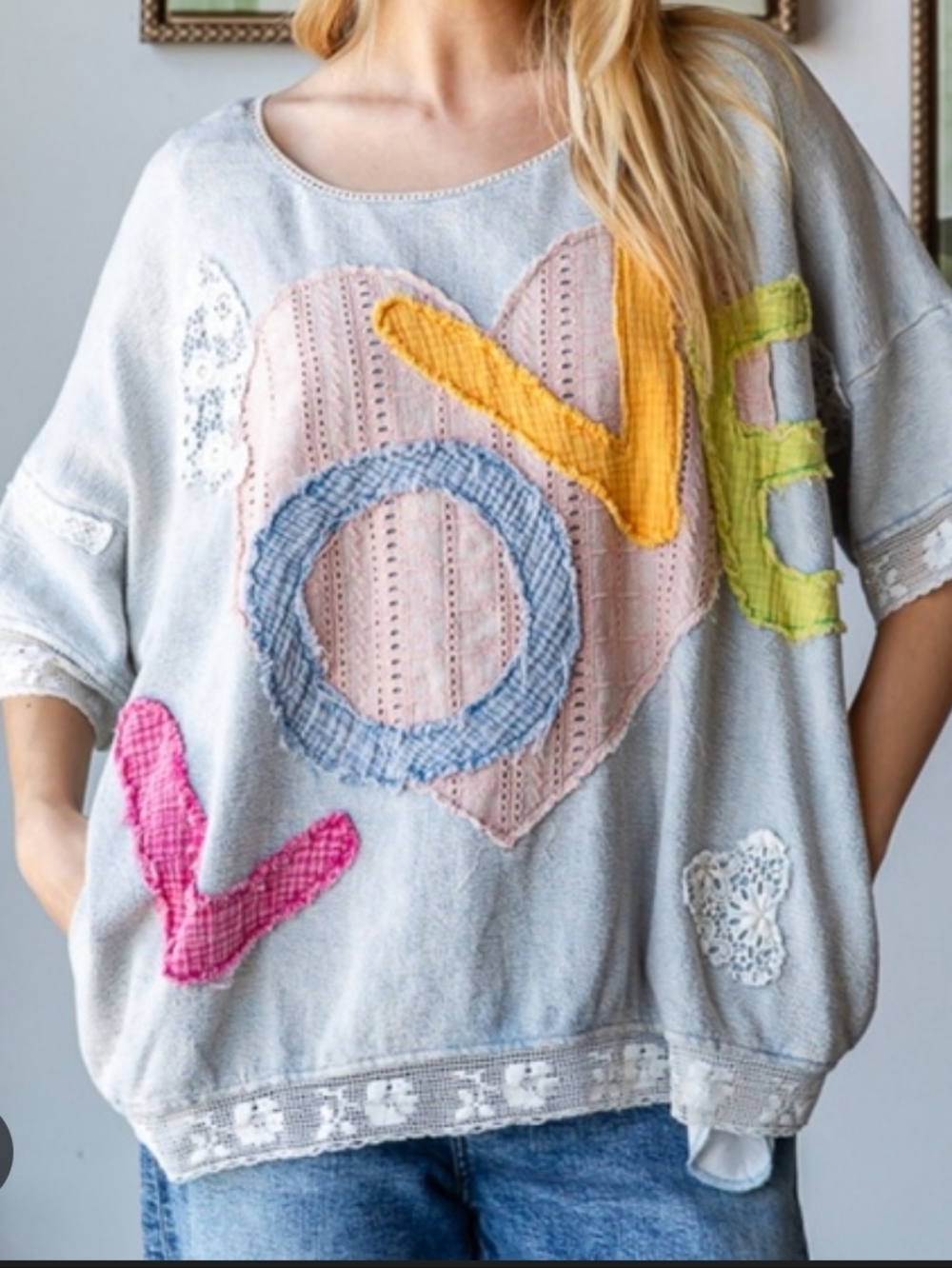 Oli & Hali Women's LOVE Patchwork Reversible Oversize Top Lace Boho Large Hippie